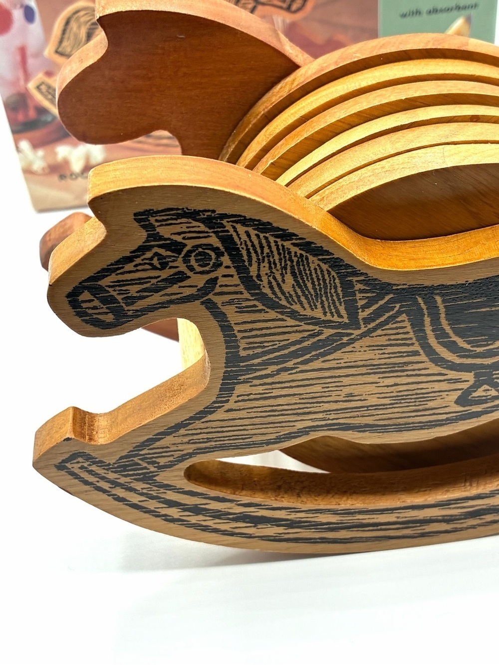 Vintage Via Eclectic Kitchen Rocking Horse Wood Coaster Set Cork 6pc - Picture 4 of 15